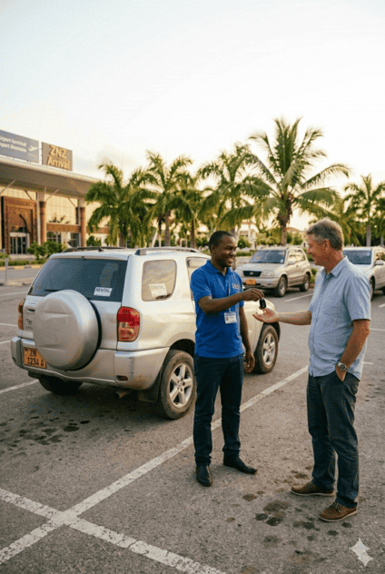 Car rental agent meeting tourist at Zanzibar Airport arrivals